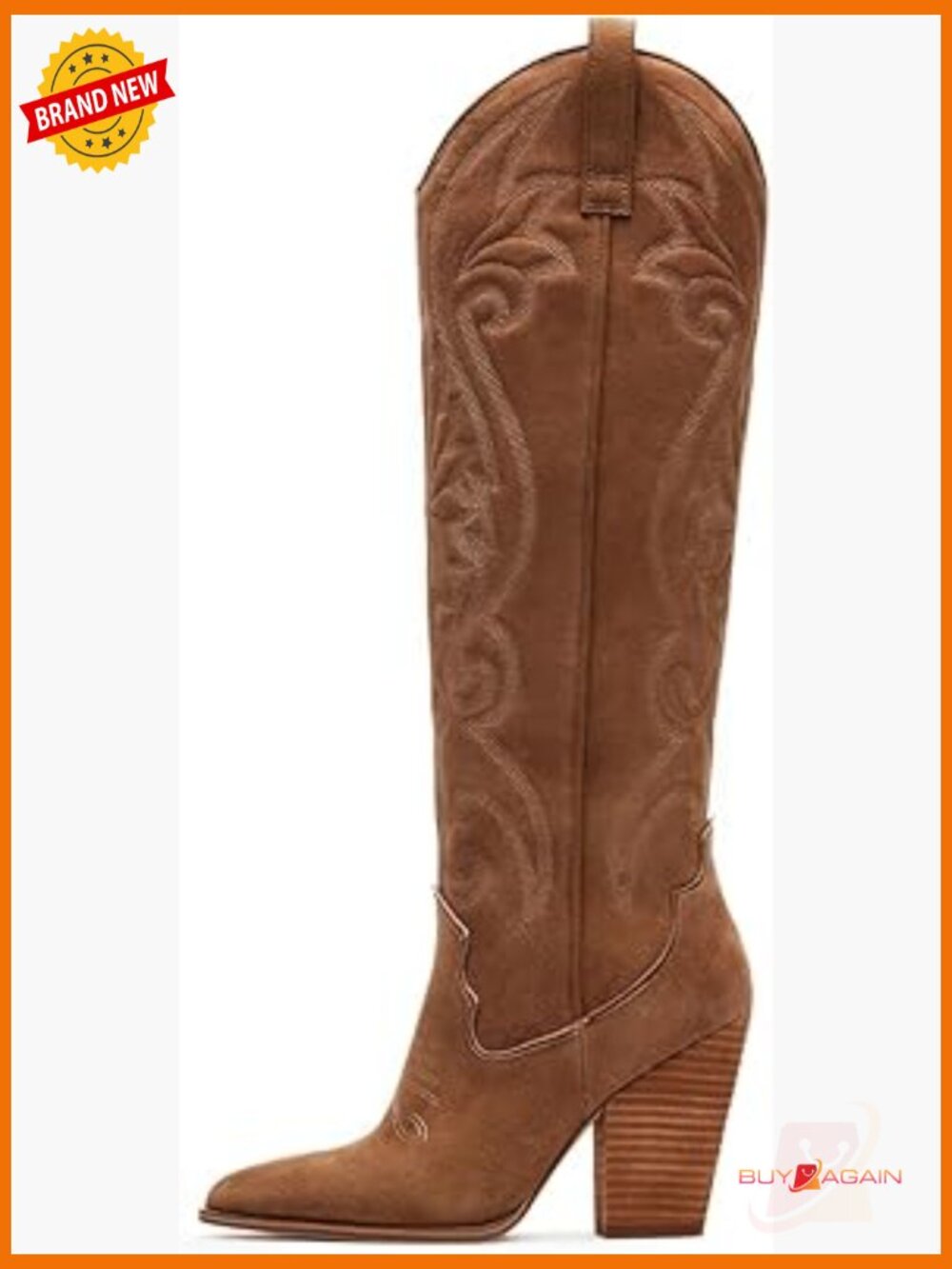 Knee High Cowboy Boots Pointed Toe Chunky Heel Embroidered Wide Calf